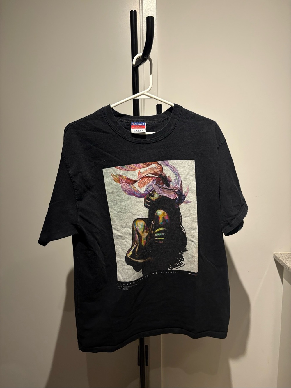Champion Black Short Sleeve Tee with Multicolor Artistic Print